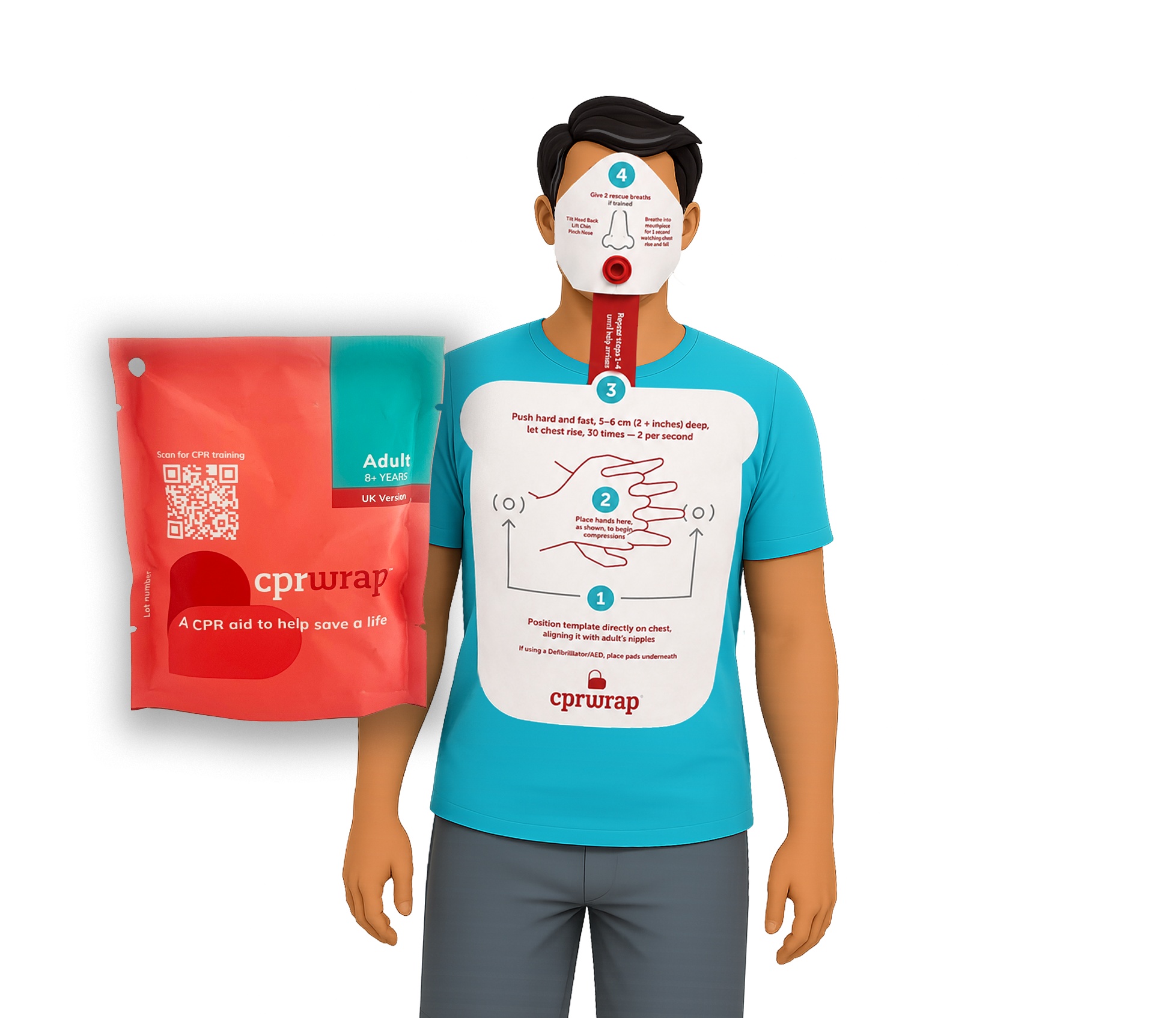 Person wearing CPRWrap and holding the CPRWrap pouch